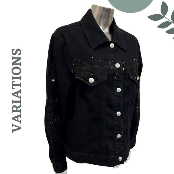 Variations Black Denim Jacket with Lace & Rhinestone Detail Size Medium - Picture 3 of 7